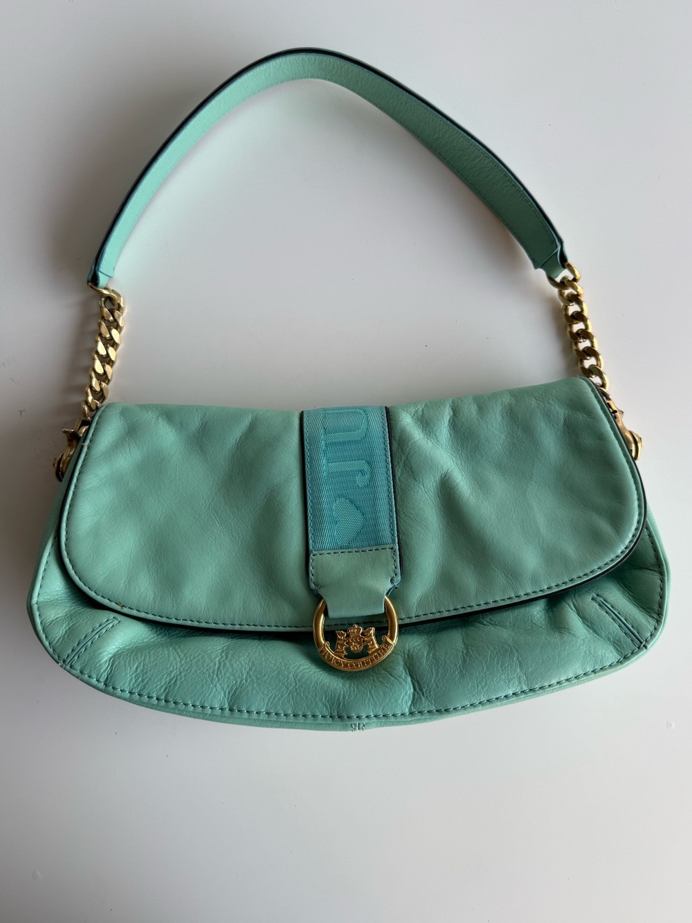 Vintage Juicy Couture Turquoise Leather Shoulder Bag Heart Mirror Y2K